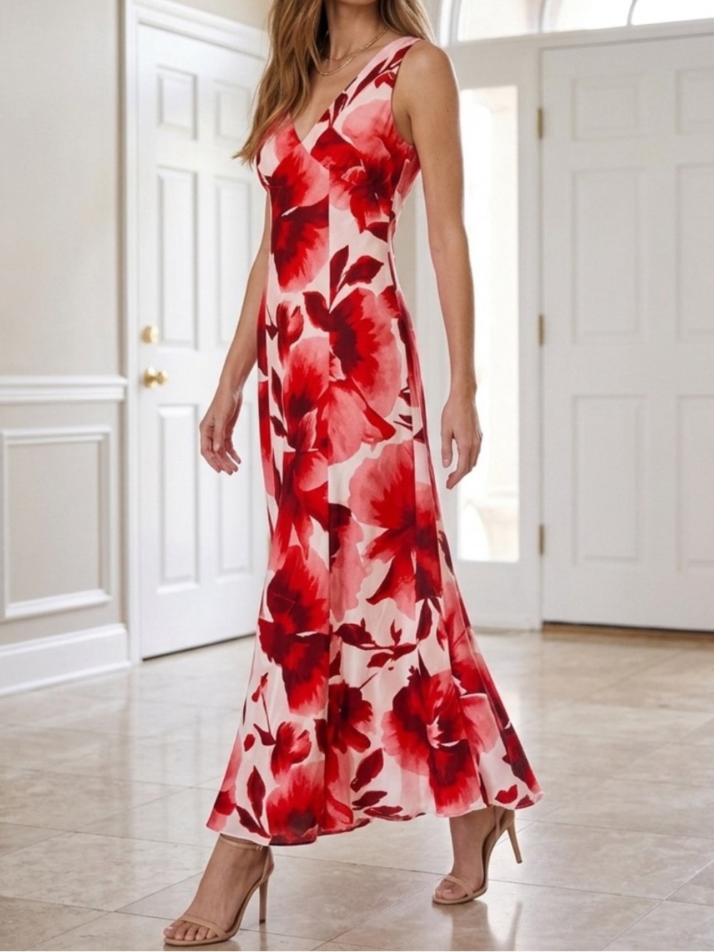 Paper Heart Anthro Linen Sleeveless Bleeding heart Red Floral Maxi Dress Large